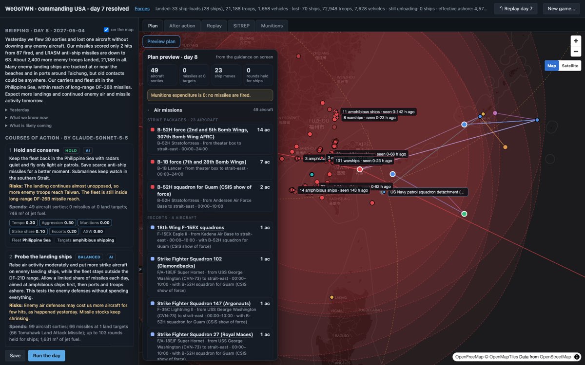 The command screen: the morning briefing and three courses of action on the left, the map of the Taiwan Strait on the right
