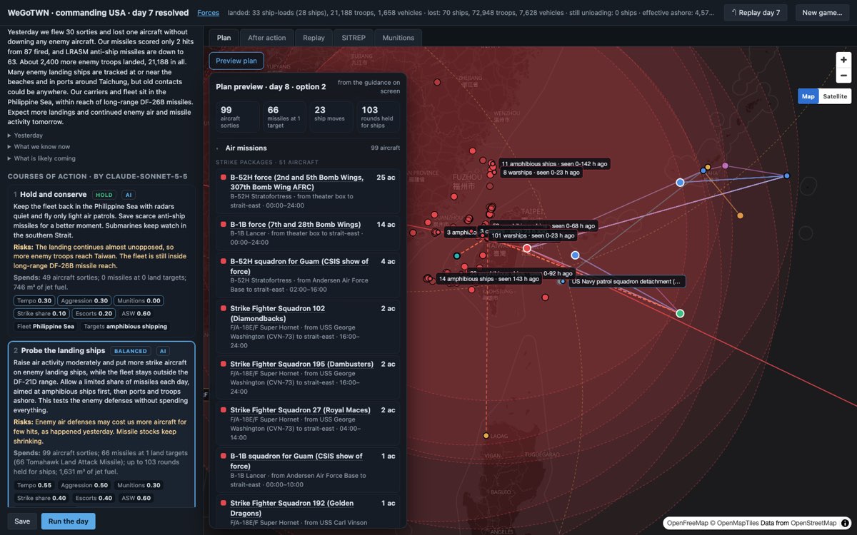 A course of action selected: air missions, strikes and ship moves listed and drawn on the map